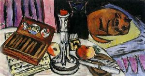 Stilleben Mit Silbernem Leuchter - Stilleben Mit Katzen by Max Beckmann