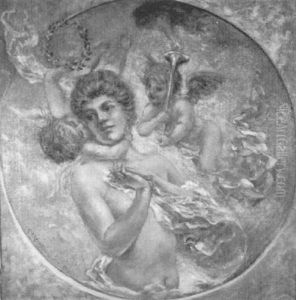 Portrait Of A Girl In Drape With Cherubs Carrying Torch And Vine Leaf Halo by James Carroll Beckwith