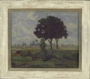 Baum In Weiter Voralpenlandschaft Mit Stadtsilhouette Im Hintergrund by Giulio Beda