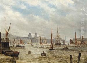 A Merchantman And Other Coastal Traffic Lying On The Thames At Greenwich by Frederick George Denham Bedford