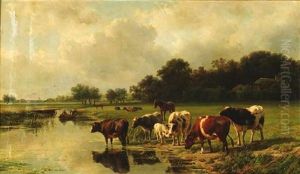 Weite Landschaft Mit Flusaue, In Der Kuhherde Weidet Weite Landschaft Mit Flusaue, In Der Kuhherde Weidet