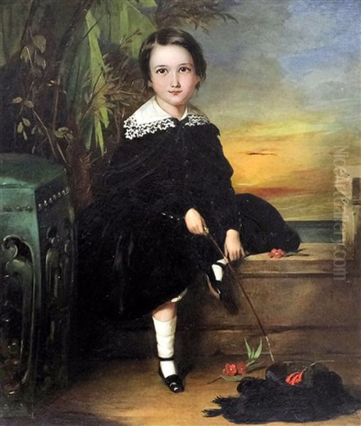 Full Length Portrait Of A Seated Child With Riding Crop - view 1