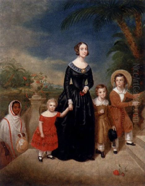 Portrait Of A Lady With Three Children And An Ayah On A Terrace, An Indian Landscape Beyond - view 1