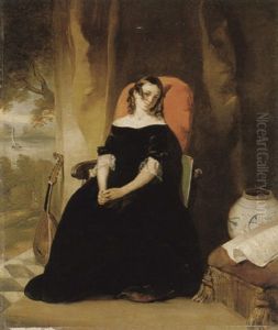 Portrait Of A Lady Wearing A Black Dress, With A View Of A River Beyond, A Chinese Pot Beside Her by George Duncan Beechey