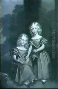 A Portrait Of Two Girls On A Terrace, One Seated Holding A Doll, The Other Holding A Basket Of Flowers by George Duncan Beechey