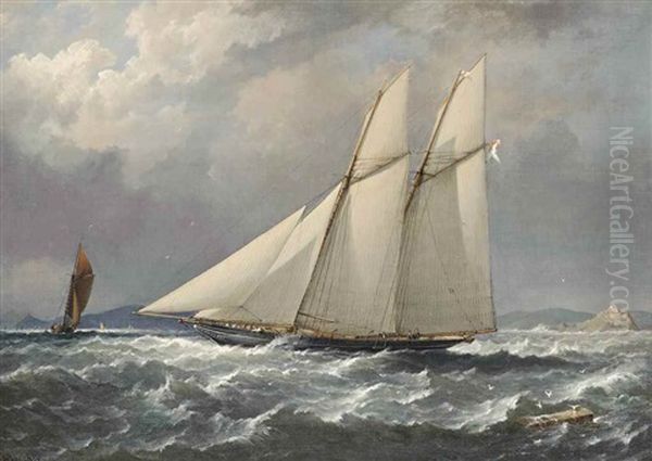 Lord Colville's Schooner Yacht Volage, Flying The Colours Of The Royal Yacht Squadron, Close-hauled And Heading Down The Channel Past The Mewstone Rock - view 1