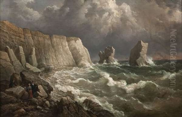 The 'arch" And 'stag" Rocks At Freshwater, Isle Of Wight, With A Group Of Figures In The Foreground - view 1