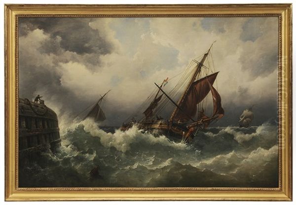 Dutch Vessels In Rough Seas Off The End Of A Quay - view 1