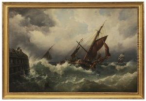 Dutch Vessels In Rough Seas Off The End Of A Quay by Richard Bridges Beechey