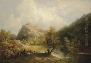 A View Of The Eagle's Nest From The Black Valley With The Castellated Tower Attached To Lord Brandon's Cottage In The Foreground, A Party Picnicking In The Foreground Beside The River Gearham by Richard Bridges Beechey