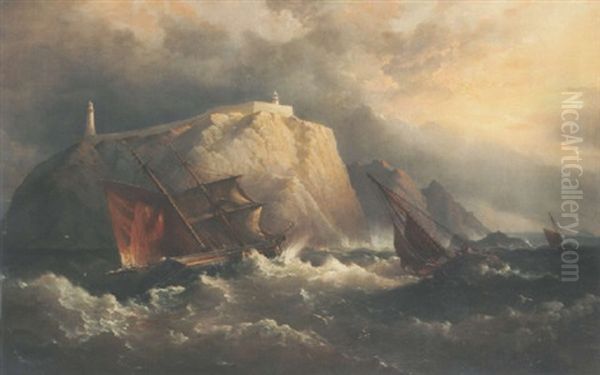 The Irish Brigantine "sligo" And Other Vessels In Rough Weather, Below The Eagle Island Lighthouse, County Mayo - view 1