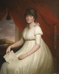 Portrait Of Lady Mary Anne Pigot, Three Quarter Length In A White Dress Holding A Letter by Sir William Beechey