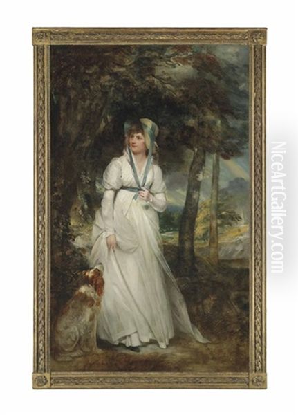 Portrait Of Miss Hadfield, Full-length, In A White Dress With A Blue Ribbon And Hat, With A Spaniel In A Park Landscape - view 1
