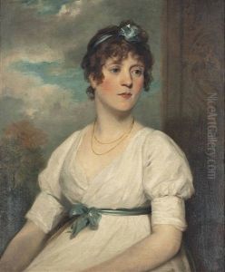 Portrait Of Elizabeth Beresford (d.1856), Half-length, In A White Dress With A Blue Ribbon, A Landscape Beyond