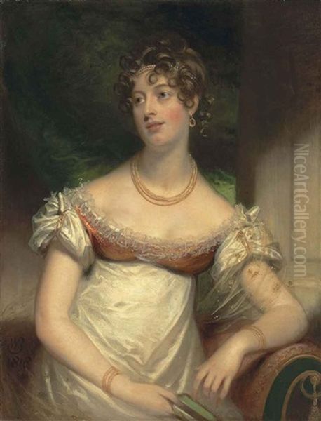 Portrait Of Miss Anne Lee, Half-length, In A White Dress, With A Gold Necklace And Bracelets, Pearls In Her Hair, A Book In Her Right Hand, In An Interior - view 1