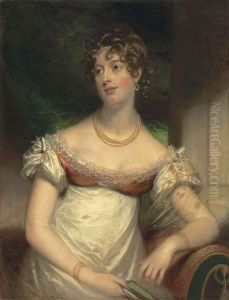 Portrait Of Miss Anne Lee, Half-length, In A White Dress, With A Gold Necklace And Bracelets, Pearls In Her Hair, A Book In Her Right Hand, In An Interior by Sir William Beechey