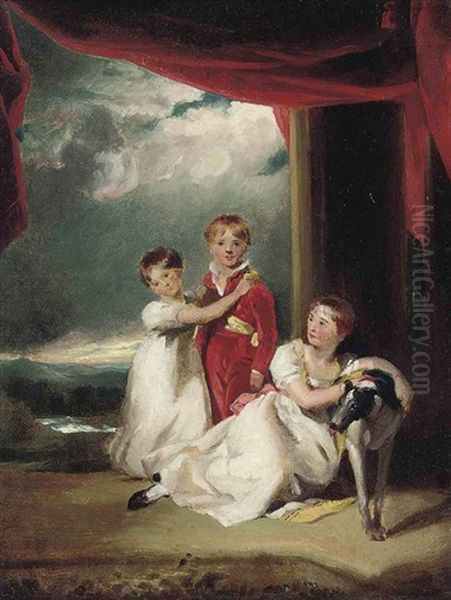 Group Portrait Of Three Children With A Dog, A River Landscape Beyond - view 1