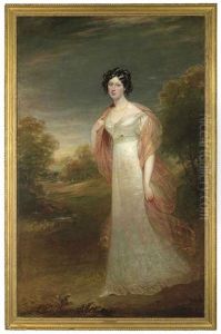 Portrait Of Ann Maria Harriet De Rhodes In A White Dress And Pink Chiffon Wrap, A Wooded Landscape Beyond Portrait Of Ann Maria Harriet De Rhodes In A White Dress And Pink Chiffon Wrap, A Wooded Landscape Beyond