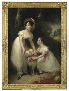 Double Portrait Of Misses Emily And Marie Ashworth Playing With A Lamb In A Landscape, A Waterfall Beyond Double Portrait Of Misses Emily And Marie Ashworth Playing With A Lamb In A Landscape, A Waterfall Beyond
