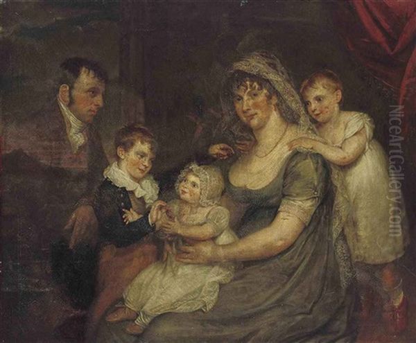 A Group Portrait Of A Family Before A Red Curtain - view 1