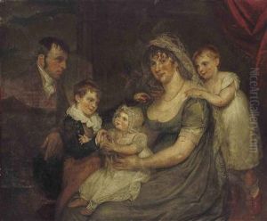 A Group Portrait Of A Family Before A Red Curtain