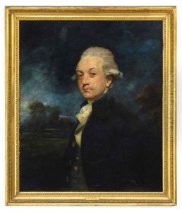 Portrait Of A Gentleman In A Blue Coat And White Cravat A Landscape Beyond