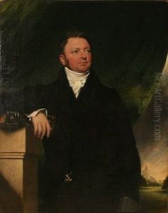 Portrait Of A Gentleman In A Black Jacket With One Hand Resting On The Bible, In The Background A Church