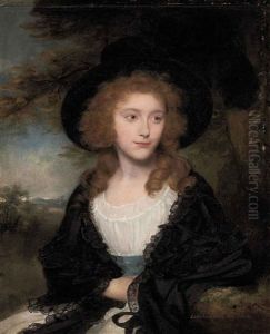 Portrait Of Lady Georgiana Beauclerk In A Silk Gown, With A Black Hat And Shawl, A Landscape Beyond