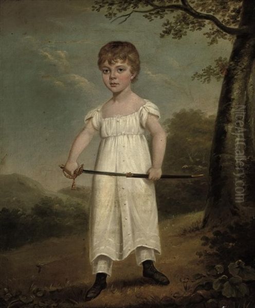 Portrait Of A Young Boy Standing In A White Gown, Holding A Sword, In A Landscape - view 1