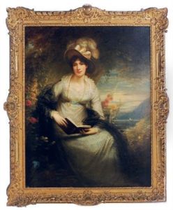 Portrait Of Charlotte Lady Bernard, Holding A Book, With A Coastal Landscape Beyond by Sir William Beechey