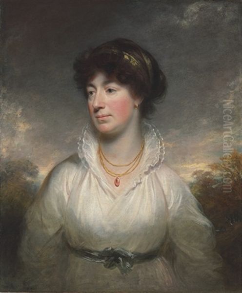 Portrait Of A Lady, Bust-length, In A White Dress, Standing In A Landscape - view 1