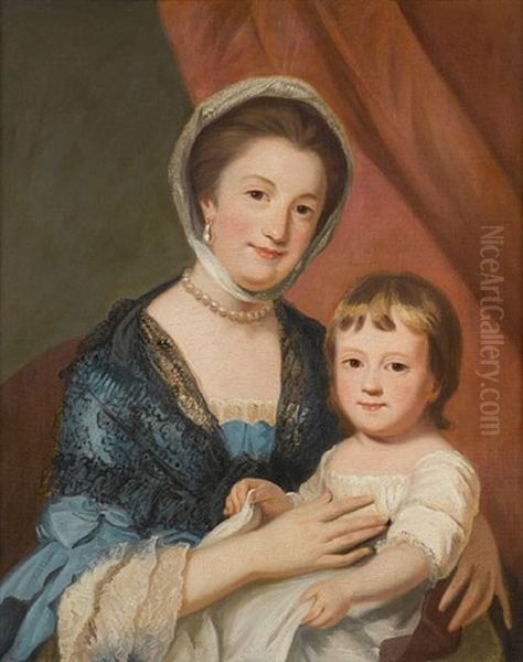Portrait Of A Mother And Child, Three-quarter-length, Seated Before A Red Curtain - view 1