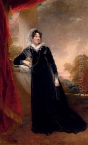 Portrait Of Mrs. Calverley Bewicke In A Black Dress, Her Right Arm On A Ledge, A Cameo Portrait In Her Hand, With A Landscape Beyond