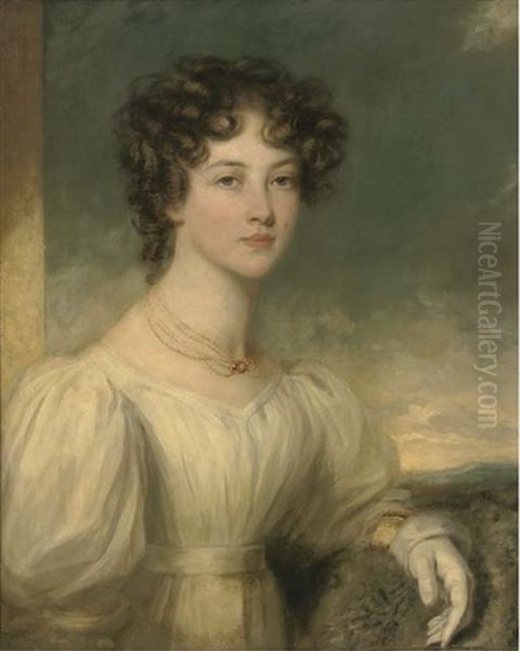 Portrait Of A Lady, Half-length, In A White Dress, A Landscape Beyond - view 1