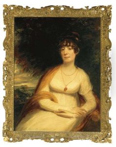 Portrait Of Josephine Sophia Newton, Lady Cooper, Three Quarter Length, In A White Gown And Pink Shawl, A Landscape Beyond