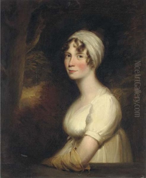Portrait Of Miss Morley In A White Dress And Yellow Glove, A Landscape Beyond - view 1
