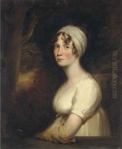 Portrait Of Miss Morley In A White Dress And Yellow Glove, A Landscape Beyond by Sir William Beechey