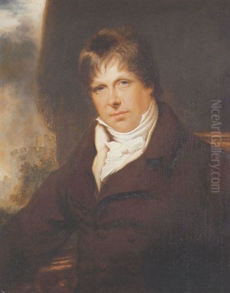 Portrait Of Robert Myddelton Biddulph In A Brown Coat, A View Of Chirk Castle Beyond - view 1