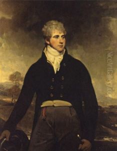 Portrait Of A Young Man (sir Harry Neal?) Wearing A Dark Coat With Gray Trousers And Holding A Hat, Standing In A Landscape