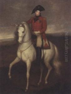 Equestrian Portrait Of King George Iii In Military Uniform, Wearing The Order Of The Garter, A Parade Of His Troops Beyond