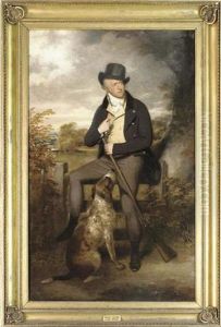 Portrait Of Richard Thompson In A Dark Coat With A Yellow Waistcoat, Seated On A Fence Holding A Gun And Powder Flask, A Retriever At His Feet