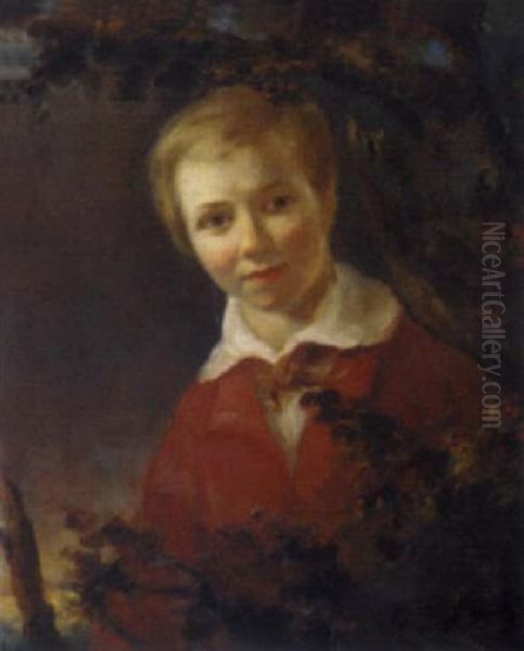 Portrait Of A Boy In A Red Jacket And White Shirt In A Landscape - view 1