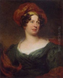Portrait Of A Lady In A Green Dress With A Red And Gold Headdress by Sir William Beechey