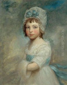 Portrait Of A Girl In A White Dress And Blue Sash, Her Hands In A Fur Muff