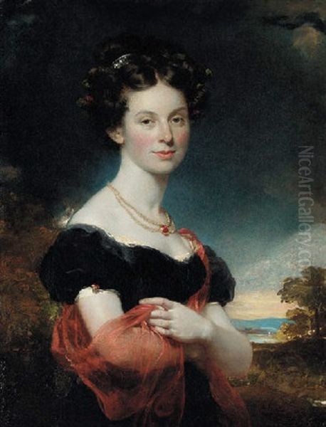 Portrait Of A Lady In A Black Dress With A Red Shawl, Standing In A Landscape - view 1