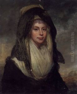 Portrait Of Queen Charlotte Wearing A White Dress With A Black Shawl And Headdress by Sir William Beechey