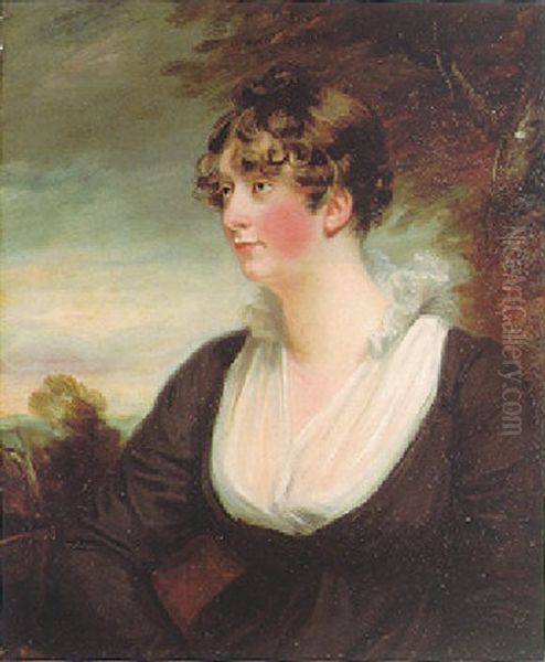 Portrait Of Mrs Gulston Wearing A Black Dress With A White Lace Bodice And Collar, A Wooded Landscape Beyond - view 1