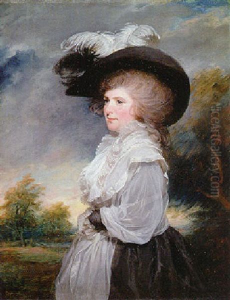 Portrait Of Miss Mary Constance Wearing A Grey Dress And A Plumed Hat - view 1