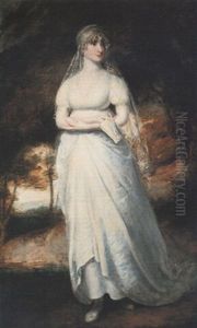 Portrait Of A Lady, Standing, Full Length, In A White Dress, In A Landscape