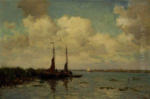 Figures On The Water In A Polderscape by Bernardus Antonie Van Beek